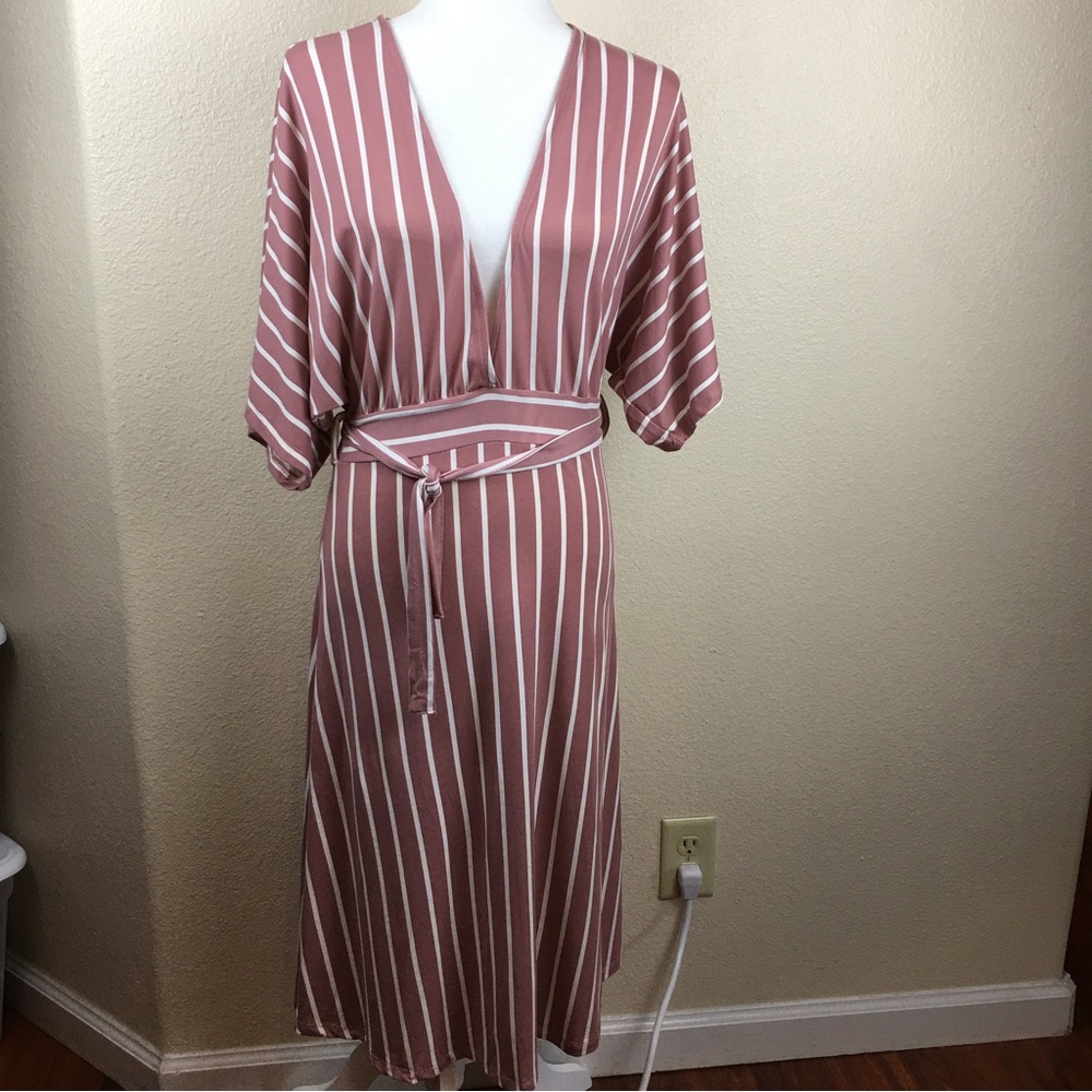 CAPELLA Women's Mauve Beige Stripe Plunge Neck Dolman Midi Dress Size M